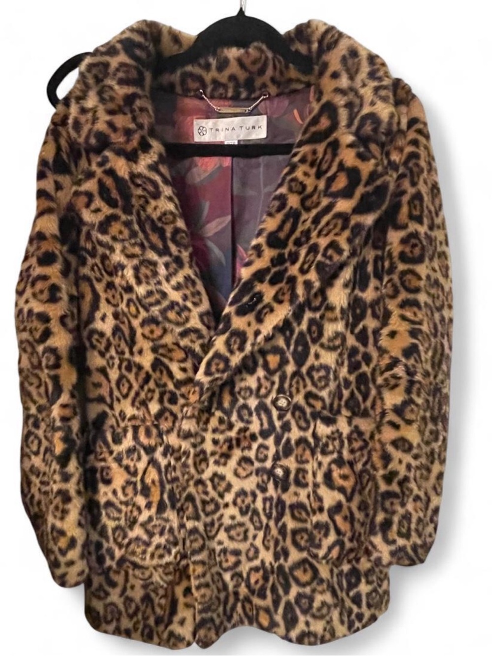 Trina Turk Leopard Print Faux Fur Coat Jacket Floral Lining - Petite L